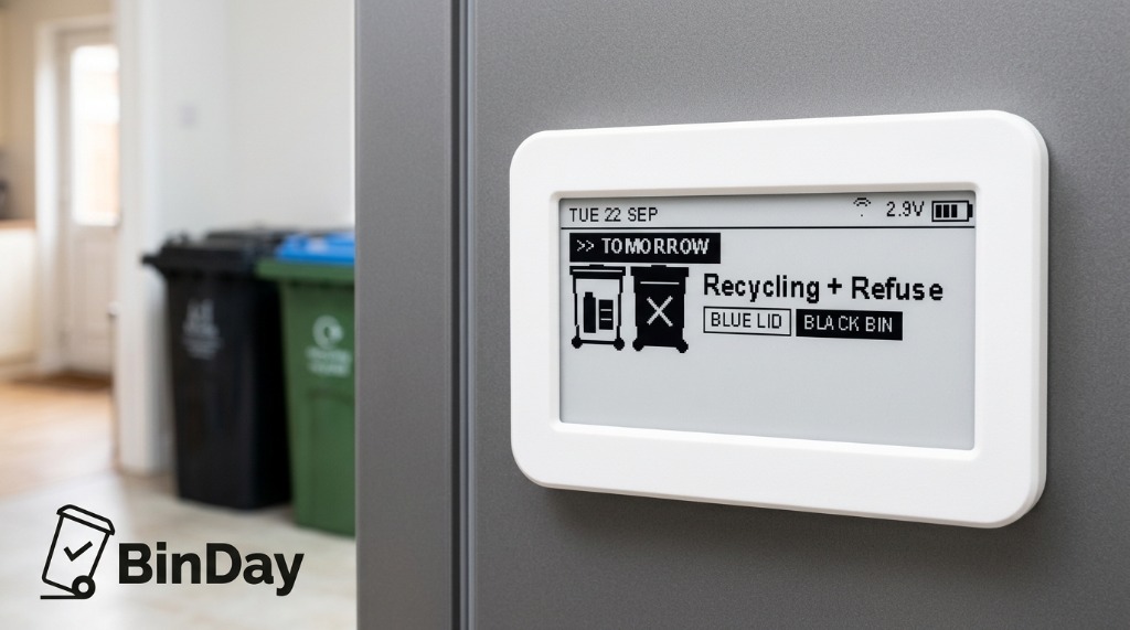 BinDay mounted on a kitchen fridge — white version